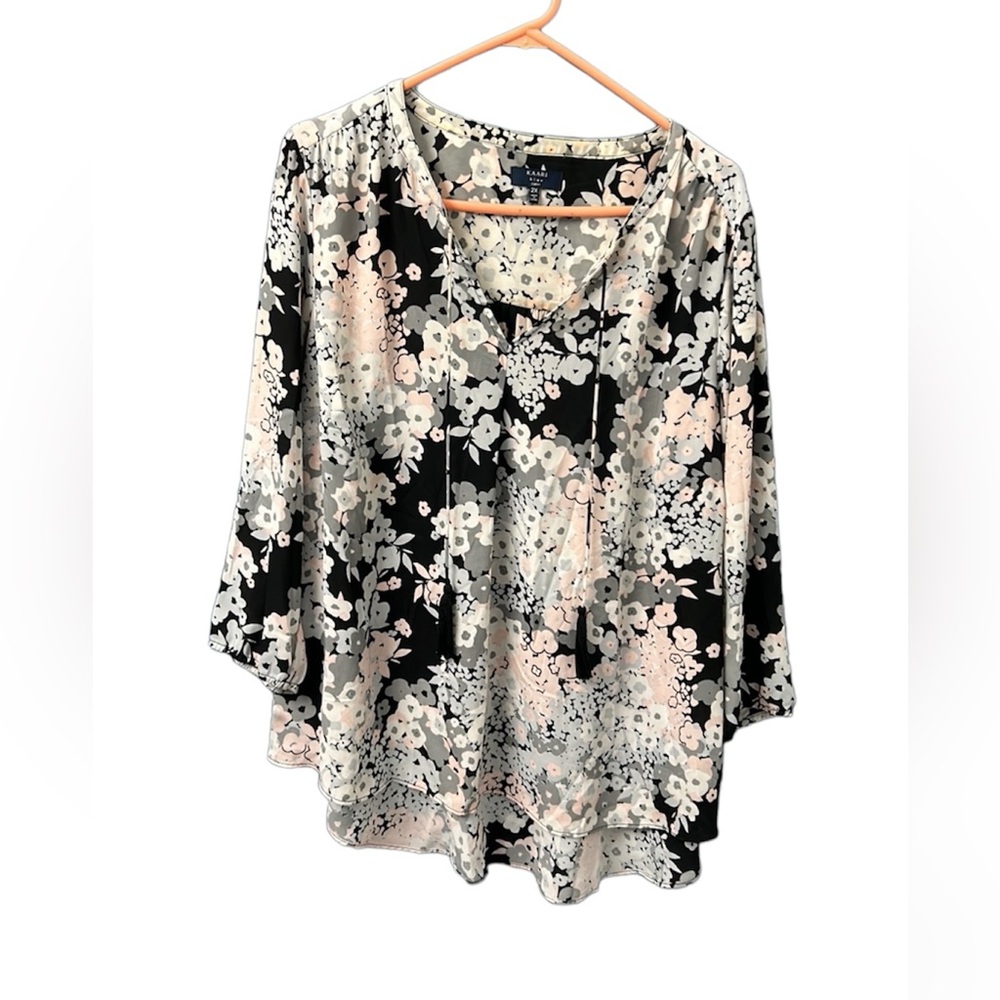 KAARI blue sheer tunic top long sleeve, tie neck floral print 2X